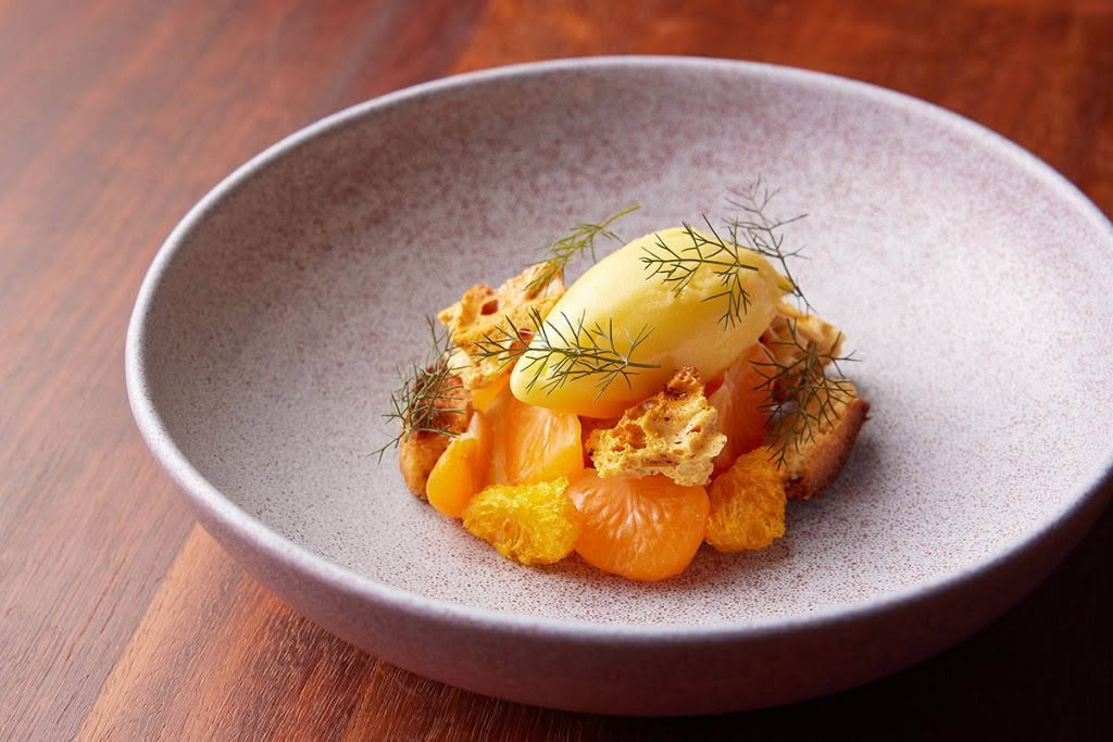 Cuisine-Good-Food-Guide-2024-Sid-at-The-French-Café-Mandarin,-black-pepper-hokey-pokey,-cultured-cream,-manuka-honey-credit-Josh-Griggs